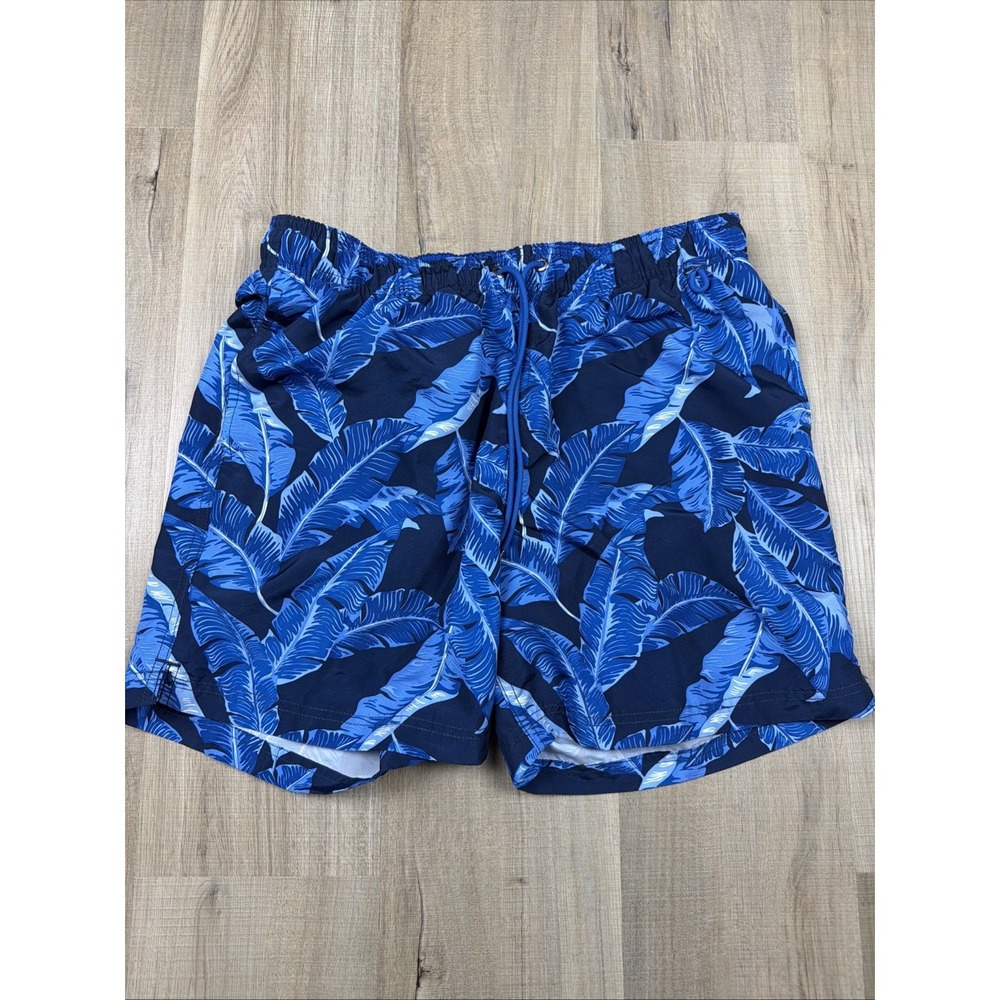Lands End Swim Trunks Mens Medium Blue Palm Print Mesh Lined Drawstring NWOT